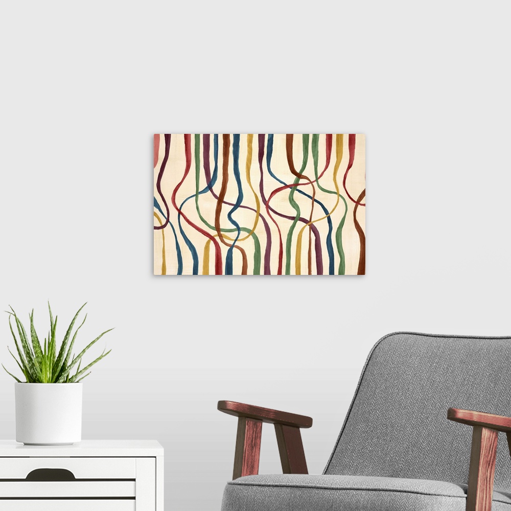 A modern room featuring Contemporary abstract home decor artwork of multi-colored lines against a cream background.