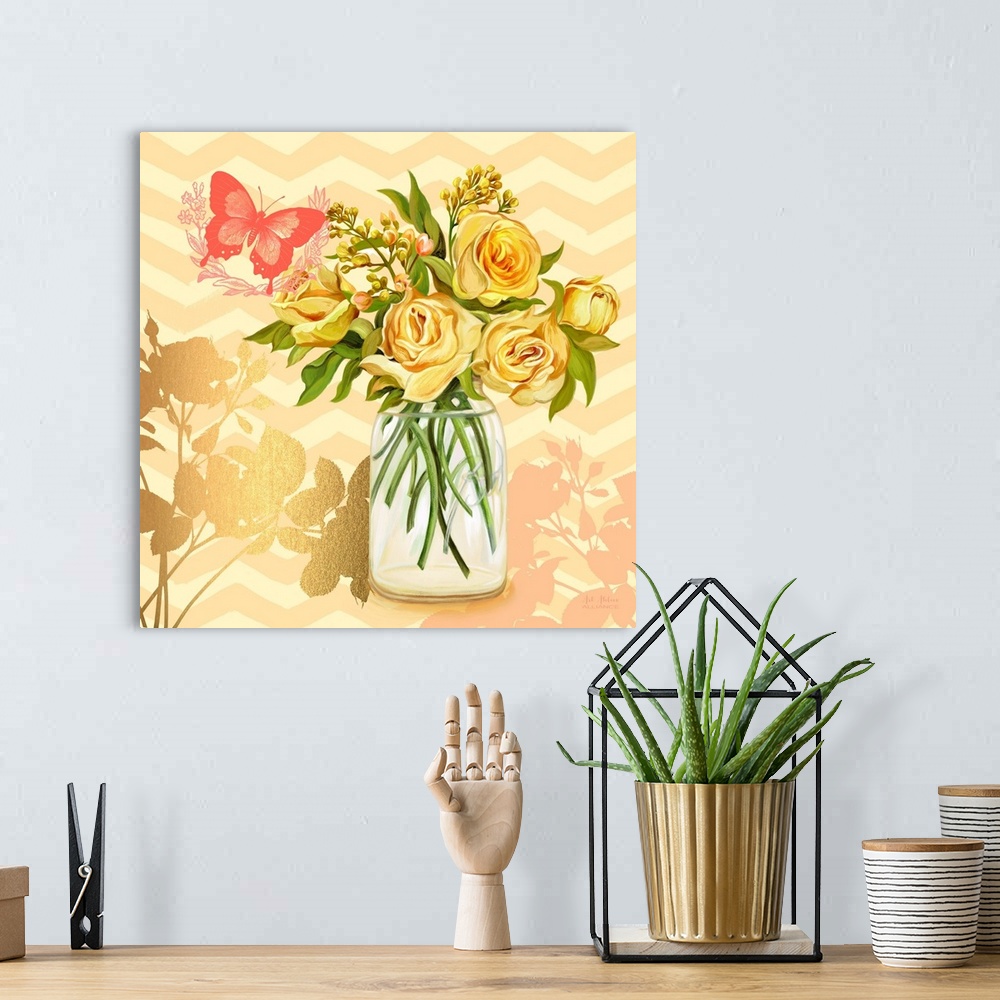 A bohemian room featuring Contemporary home decor artwork of a vibrant yellow flowers in a mason jar against a light yellow...