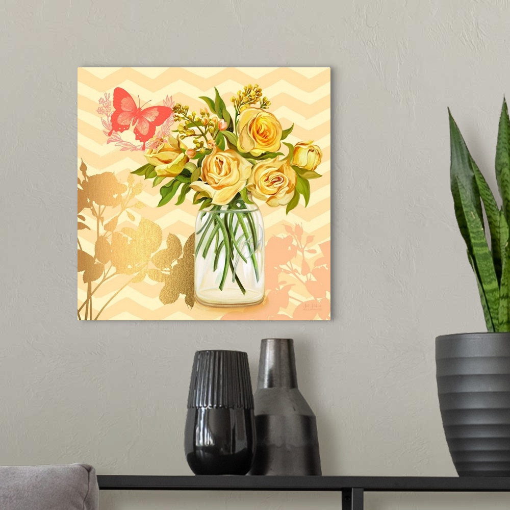 A modern room featuring Contemporary home decor artwork of a vibrant yellow flowers in a mason jar against a light yellow...