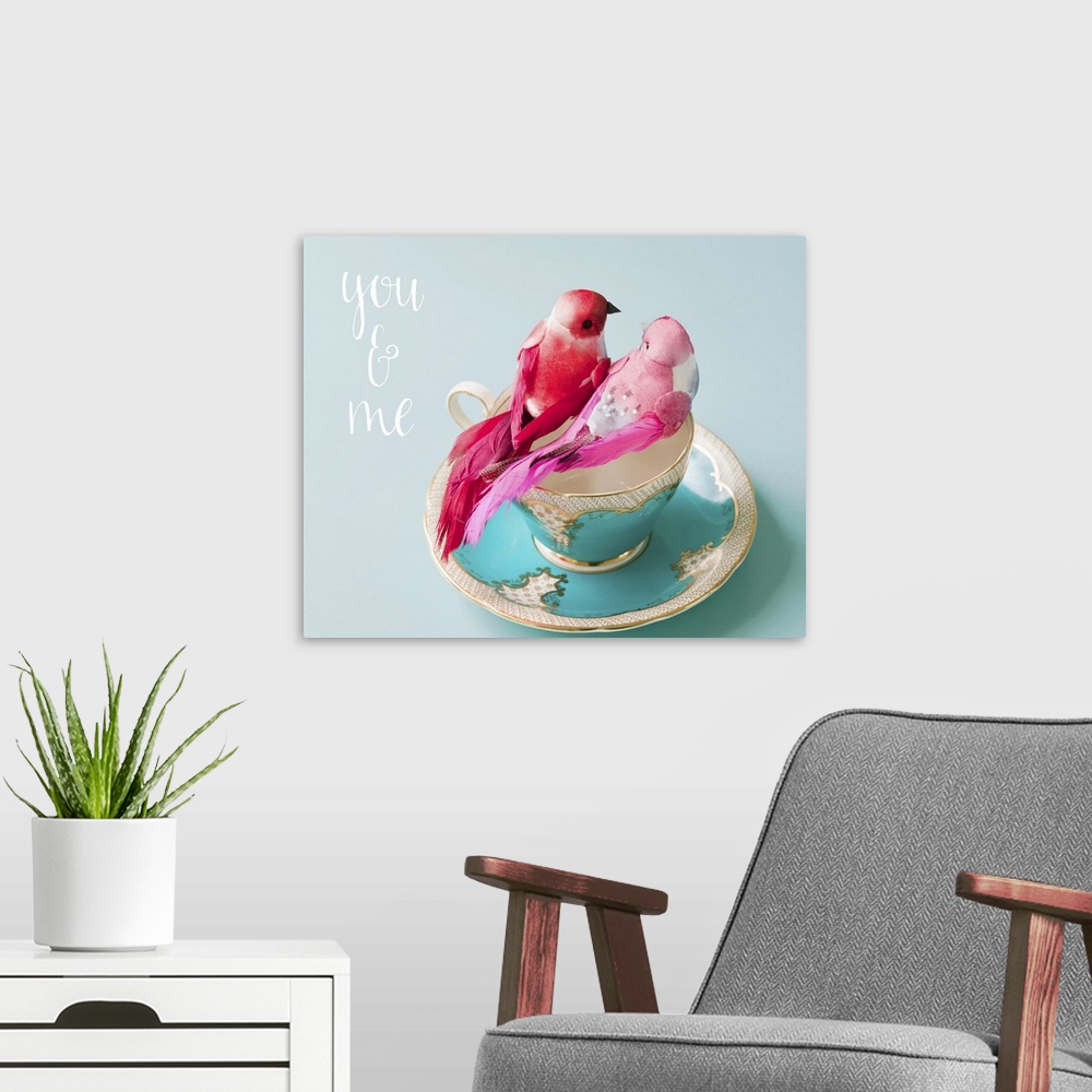 A modern room featuring You and Me Love Birds