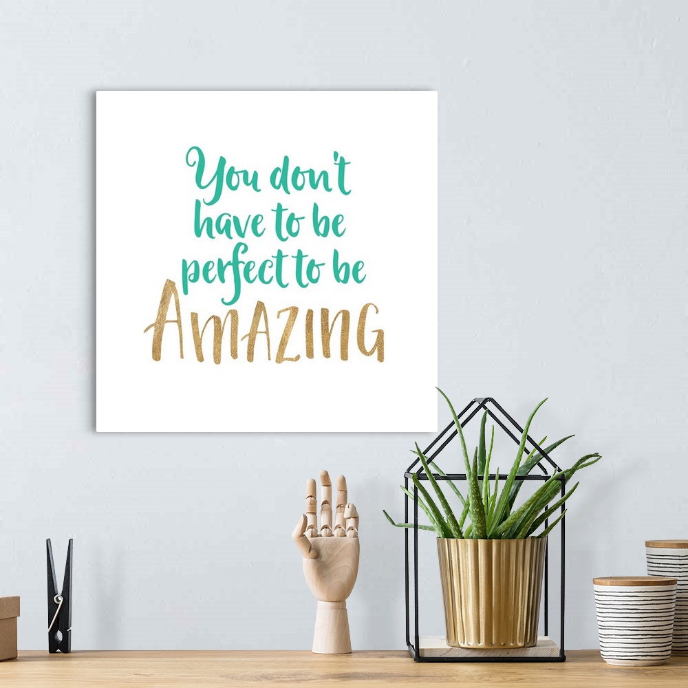 A bohemian room featuring Inspirational sentiment in handlettered gold and aqua script text.