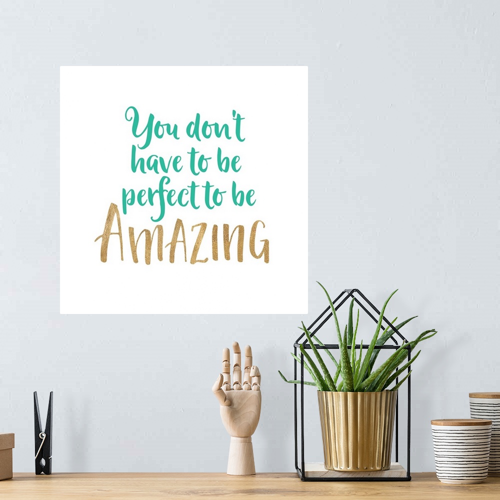 A bohemian room featuring Inspirational sentiment in handlettered gold and aqua script text.