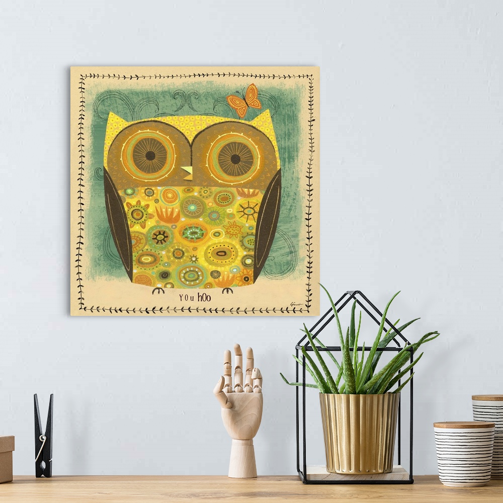 A bohemian room featuring Contemporary artwork with a retro feel of a yellow owl against blueish green background.