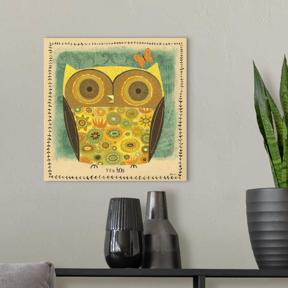 A modern room featuring Contemporary artwork with a retro feel of a yellow owl against blueish green background.