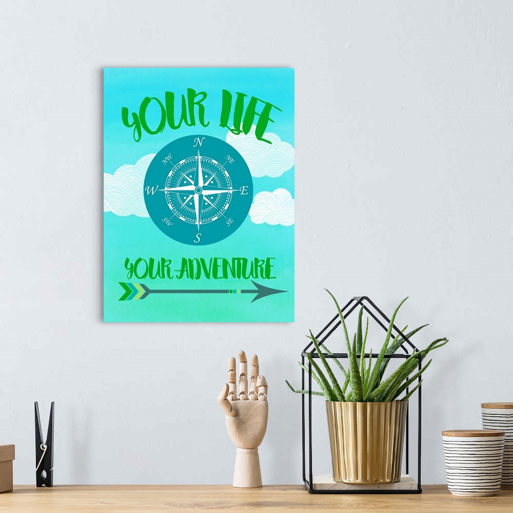 A bohemian room featuring "Your Life Your Adventure" written in green on a cloudy background with a compass rose in the cen...