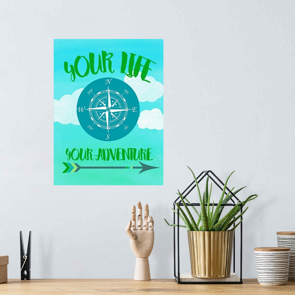 A bohemian room featuring "Your Life Your Adventure" written in green on a cloudy background with a compass rose in the cen...
