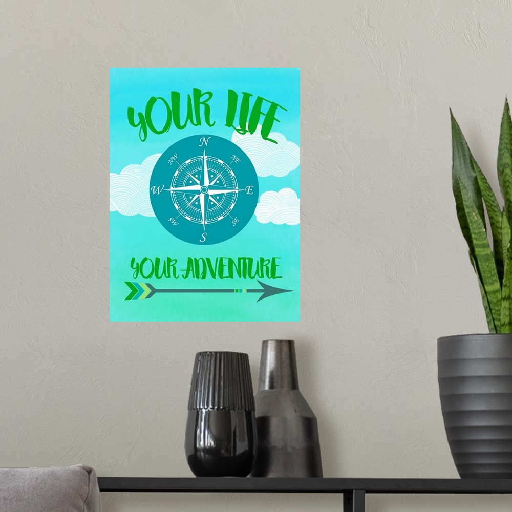 A modern room featuring "Your Life Your Adventure" written in green on a cloudy background with a compass rose in the cen...