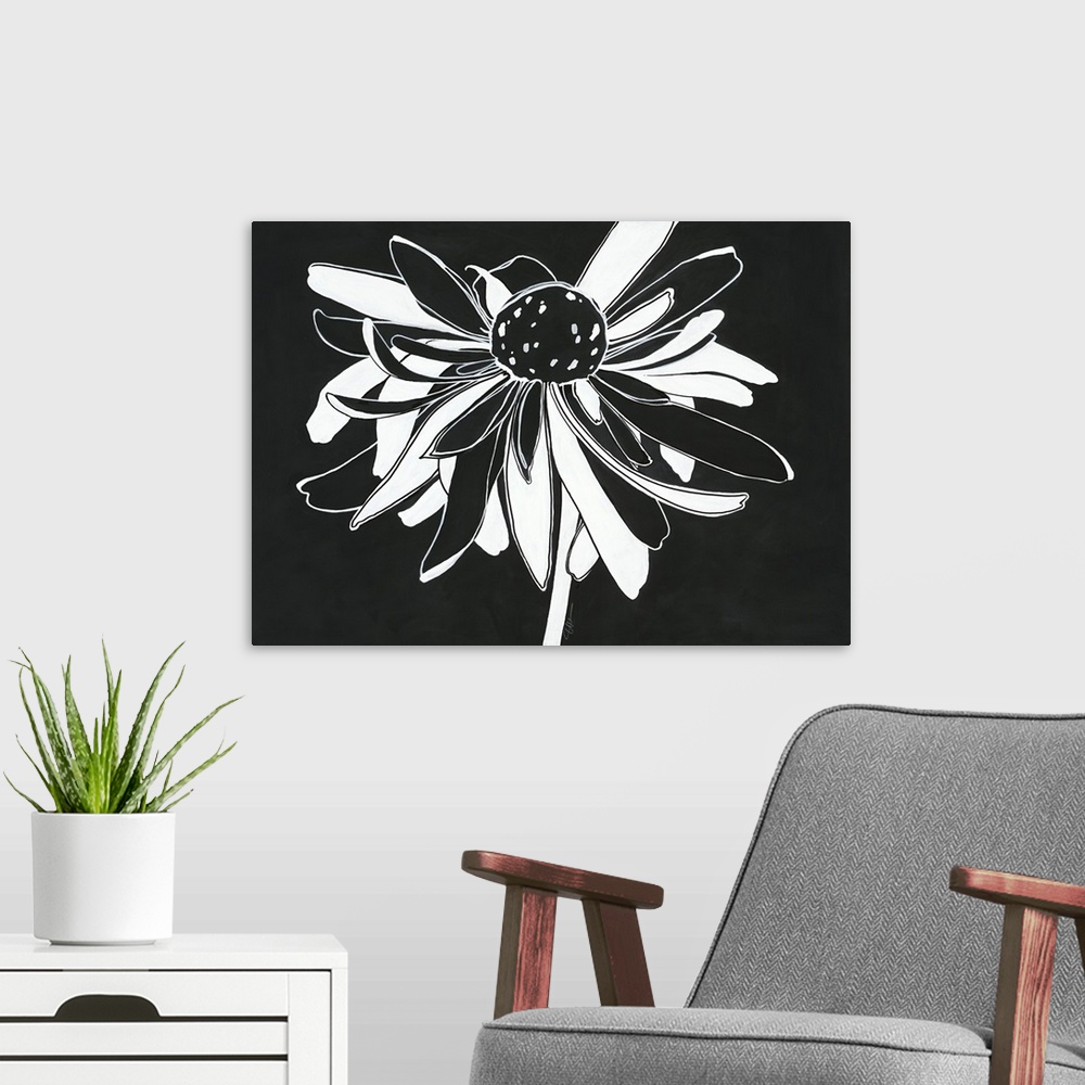 A modern room featuring Simple black and white illustration of a blooming flower.