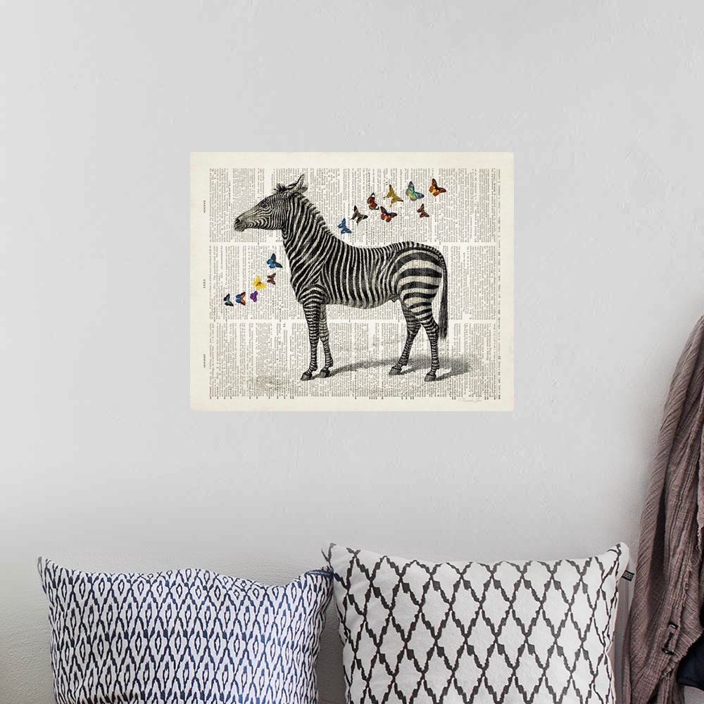 A bohemian room featuring Vintage illustration of a zebra with colorful butterflies on a dictionary page.
