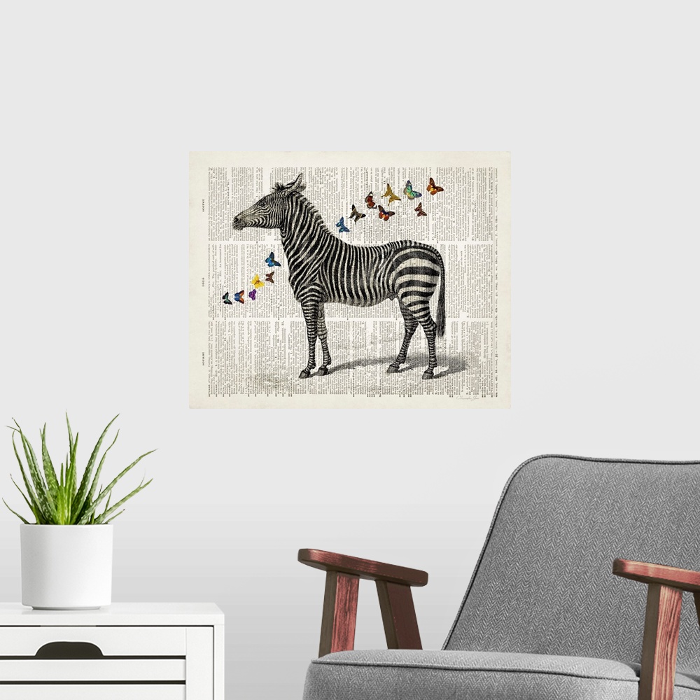A modern room featuring Vintage illustration of a zebra with colorful butterflies on a dictionary page.