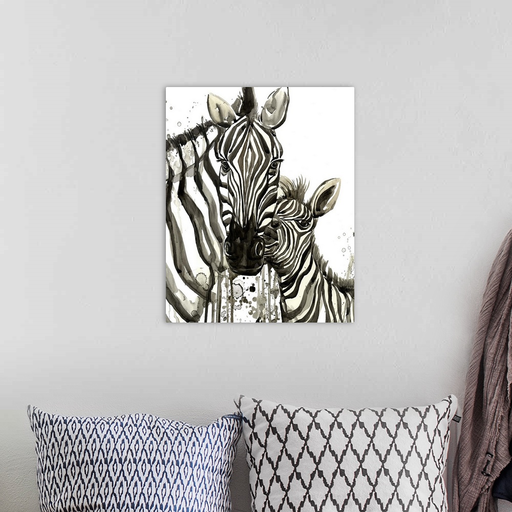 A bohemian room featuring A mother zebra nuzzling with her baby.