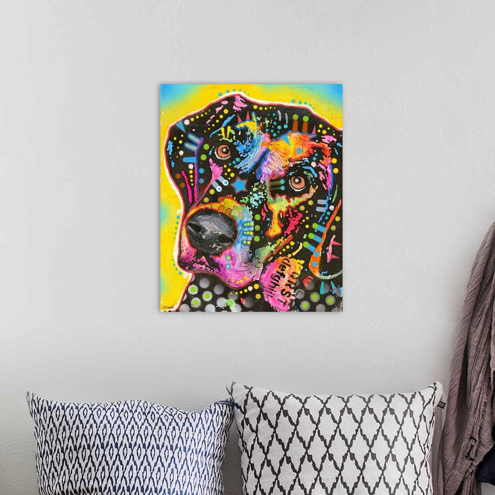 A bohemian room featuring Contemporary illustration of a Labrador with colorful abstract designs on a yellow and blue backg...