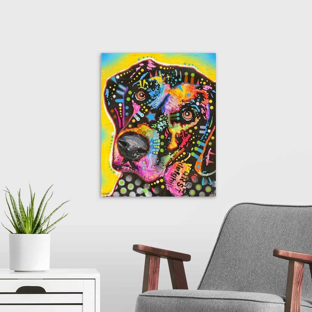 A modern room featuring Contemporary illustration of a Labrador with colorful abstract designs on a yellow and blue backg...