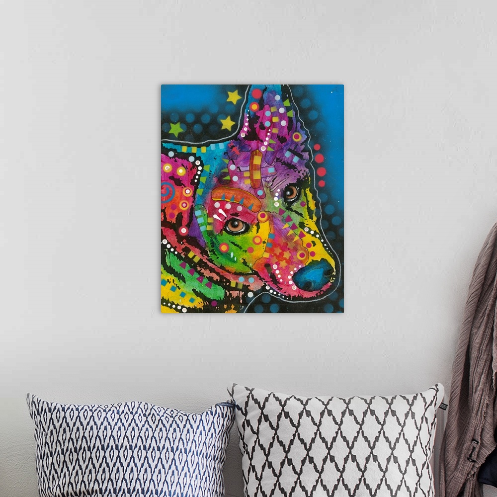 A bohemian room featuring Colorful painting of a Belgian Sheepdog with geometric abstract designs all over on a blue backgr...