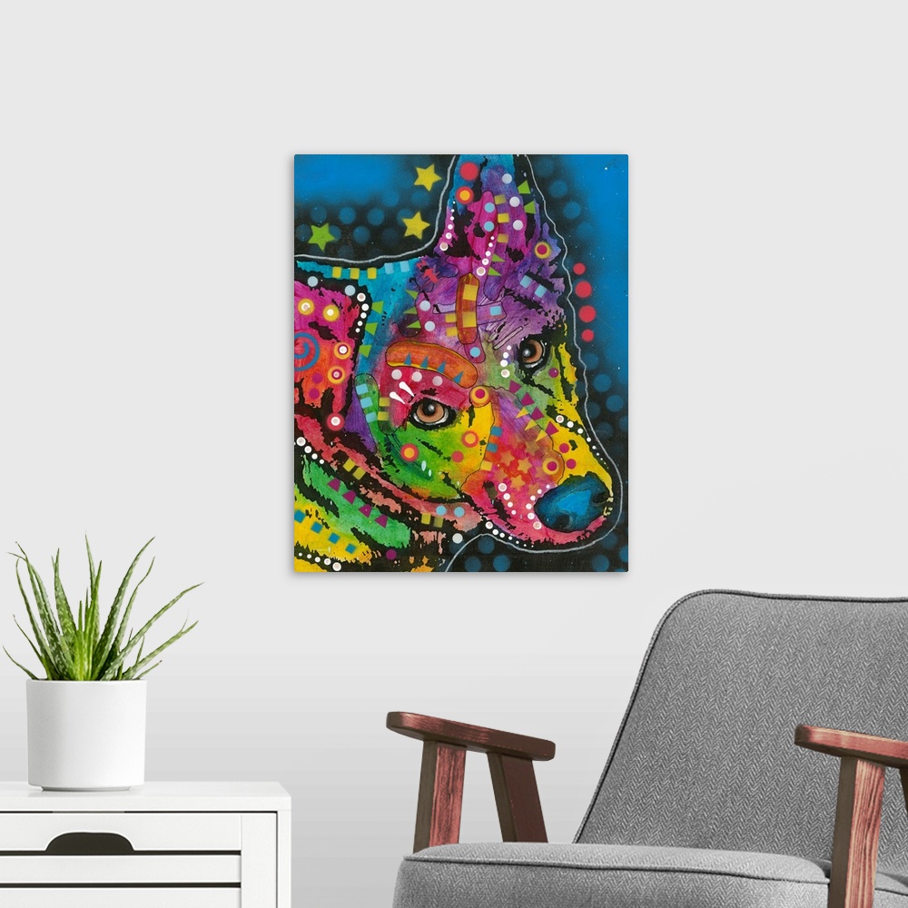 A modern room featuring Colorful painting of a Belgian Sheepdog with geometric abstract designs all over on a blue backgr...