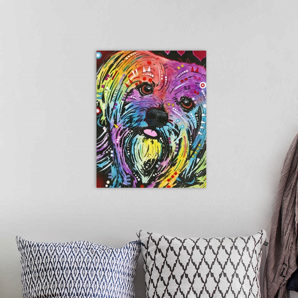 A bohemian room featuring Colorful painting of a Maltese with geometric graffiti-like designs all over.