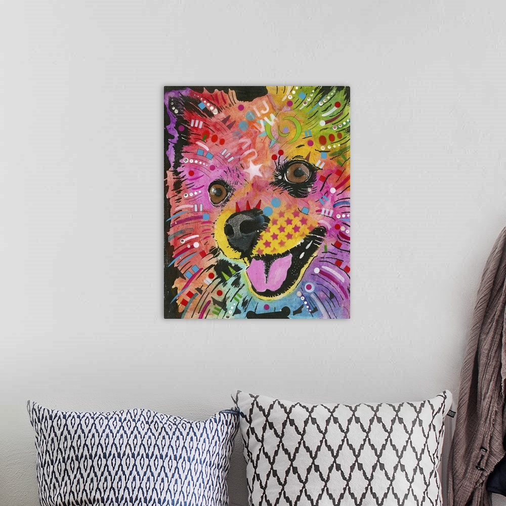 A bohemian room featuring Contemporary painting of a colorful Spitz with geometric abstract designs all over.