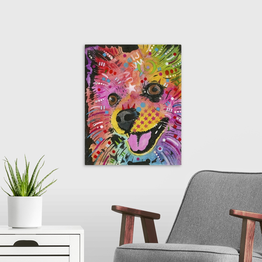 A modern room featuring Contemporary painting of a colorful Spitz with geometric abstract designs all over.