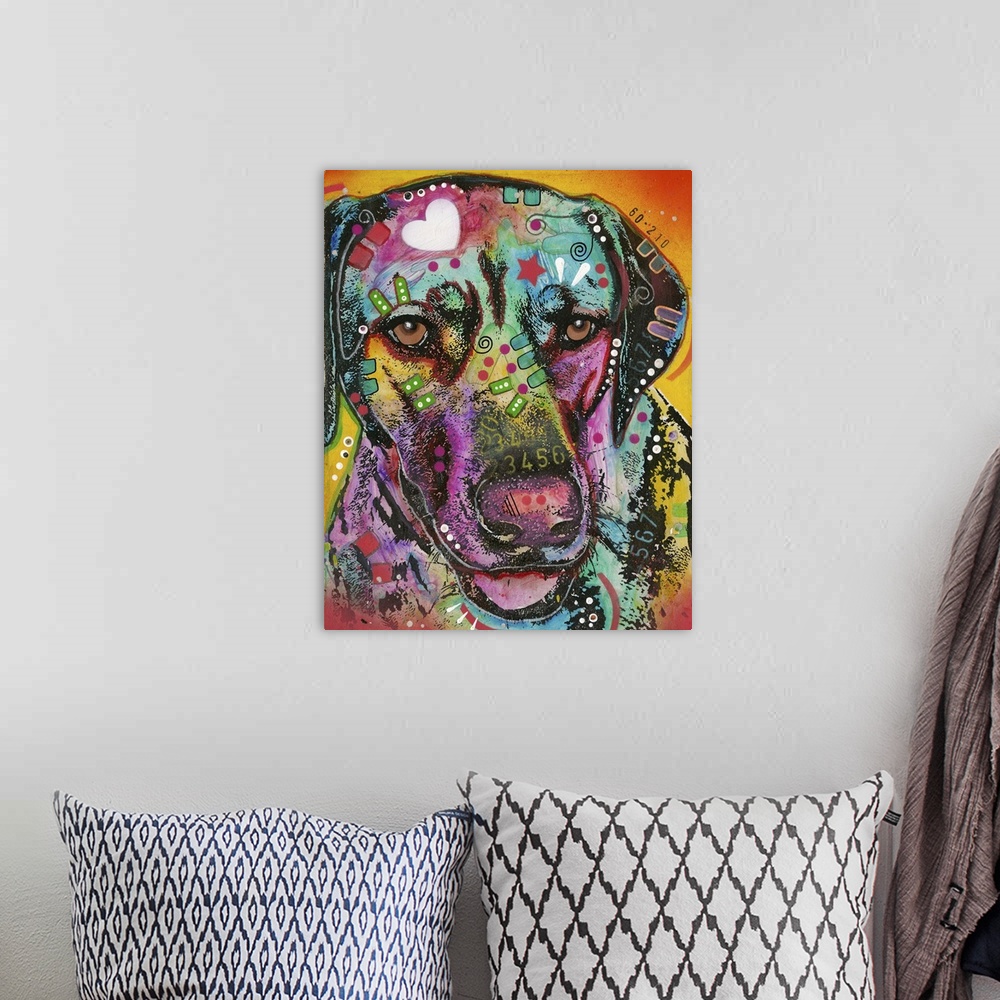 A bohemian room featuring Contemporary painting of a colorful Labrador with geometric abstract designs all over.
