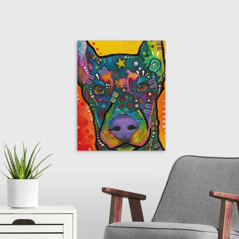 A modern room featuring Colorful painting of a dog with geometric abstract markings.