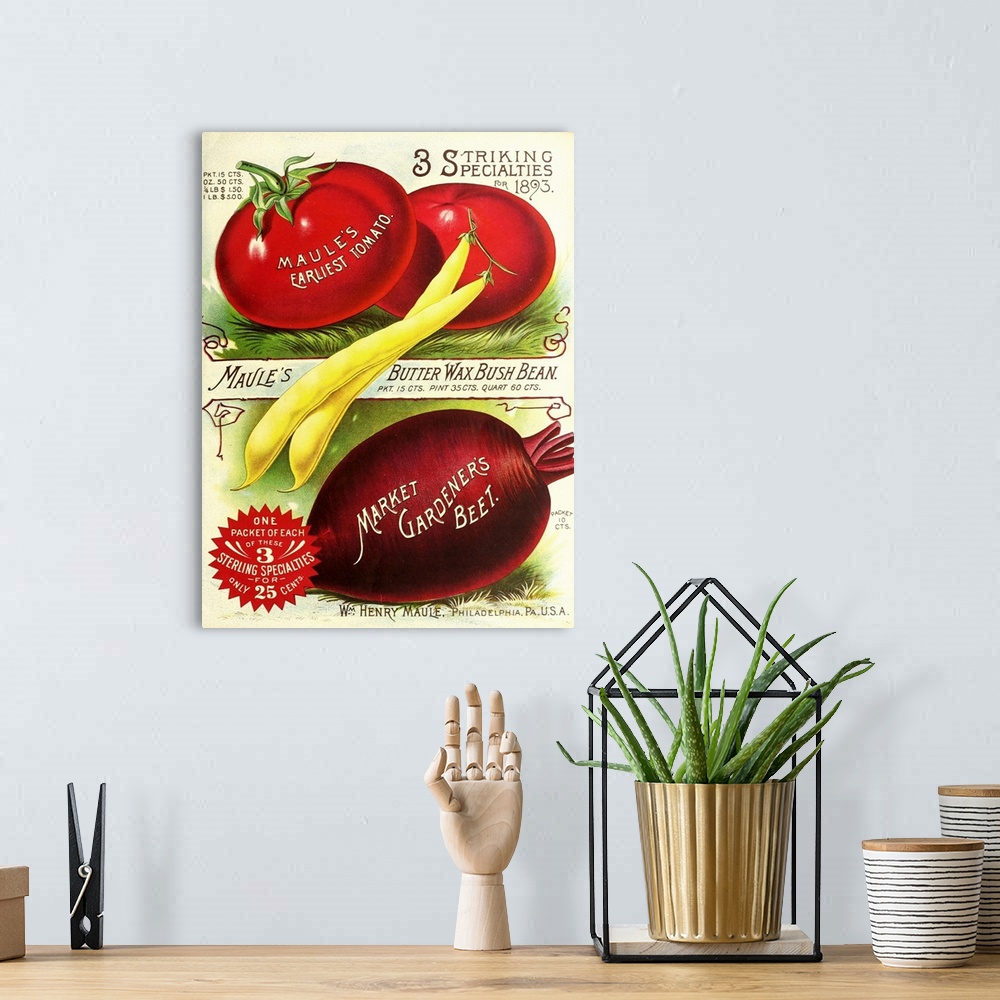 A bohemian room featuring Vintage poster advertisement for 1893 Maule Tomatoes.