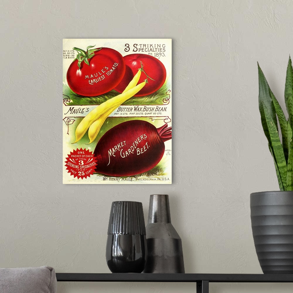 A modern room featuring Vintage poster advertisement for 1893 Maule Tomatoes.