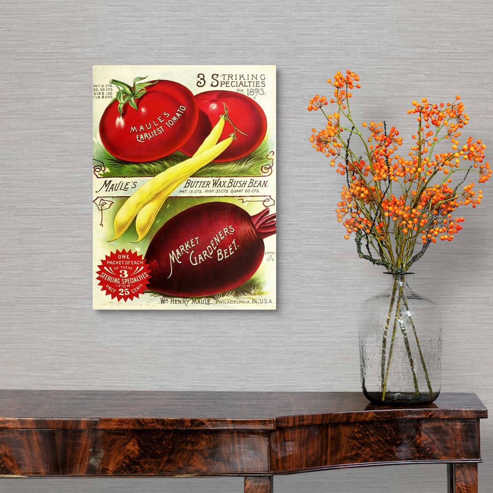 A traditional room featuring Vintage poster advertisement for 1893 Maule Tomatoes.