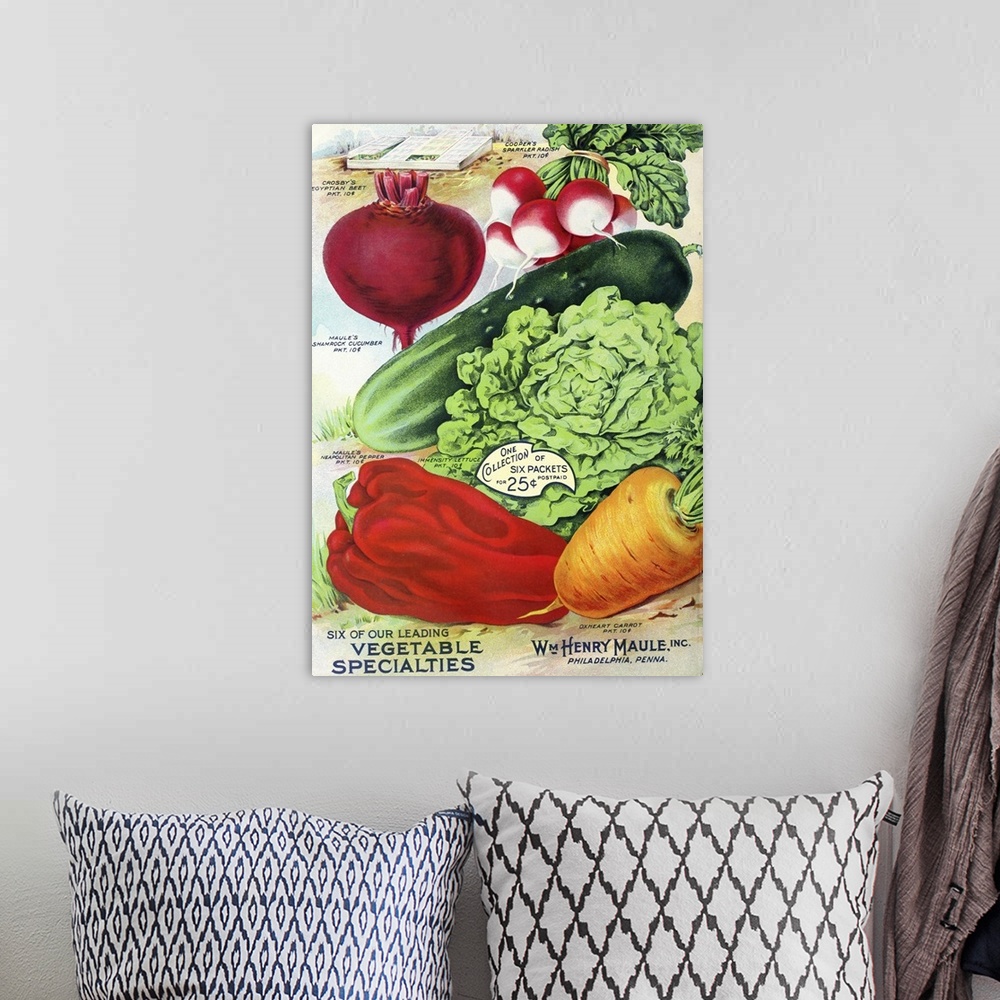 A bohemian room featuring Vintage poster advertisement for 1915 Maule Seed Veggies.