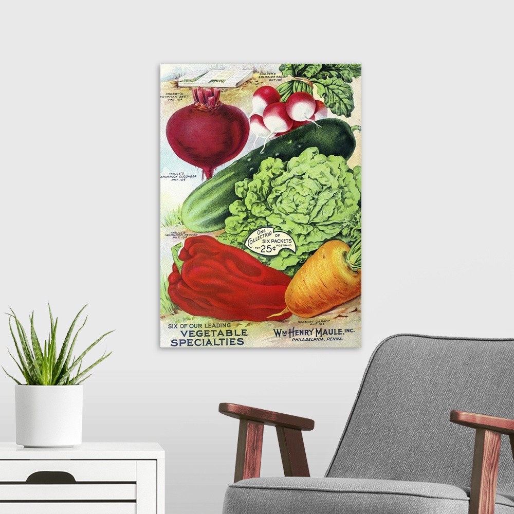 A modern room featuring Vintage poster advertisement for 1915 Maule Seed Veggies.