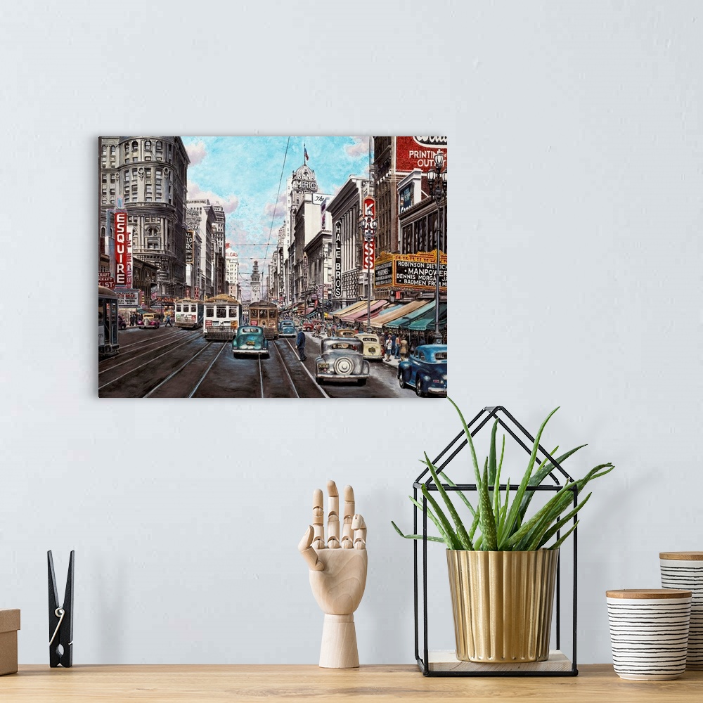 A bohemian room featuring Contemporary painting of a bustling street in San Francisco.