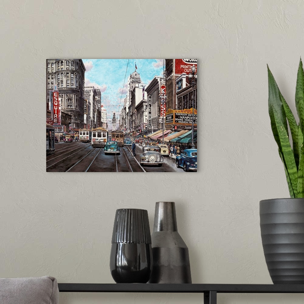 A modern room featuring Contemporary painting of a bustling street in San Francisco.