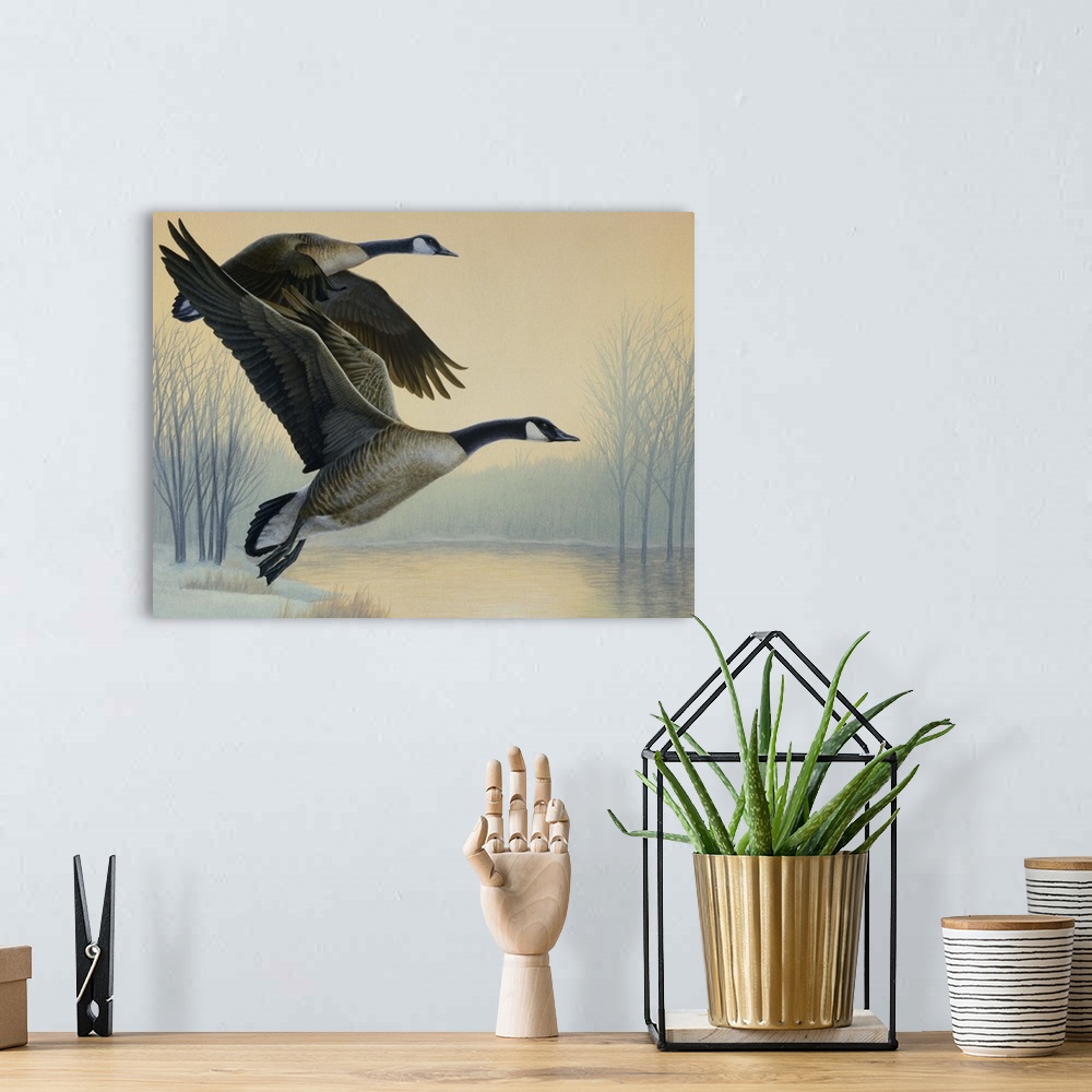 A bohemian room featuring A pair of geese flying.