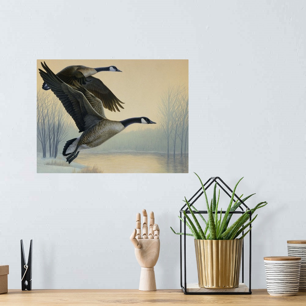 A bohemian room featuring A pair of geese flying.