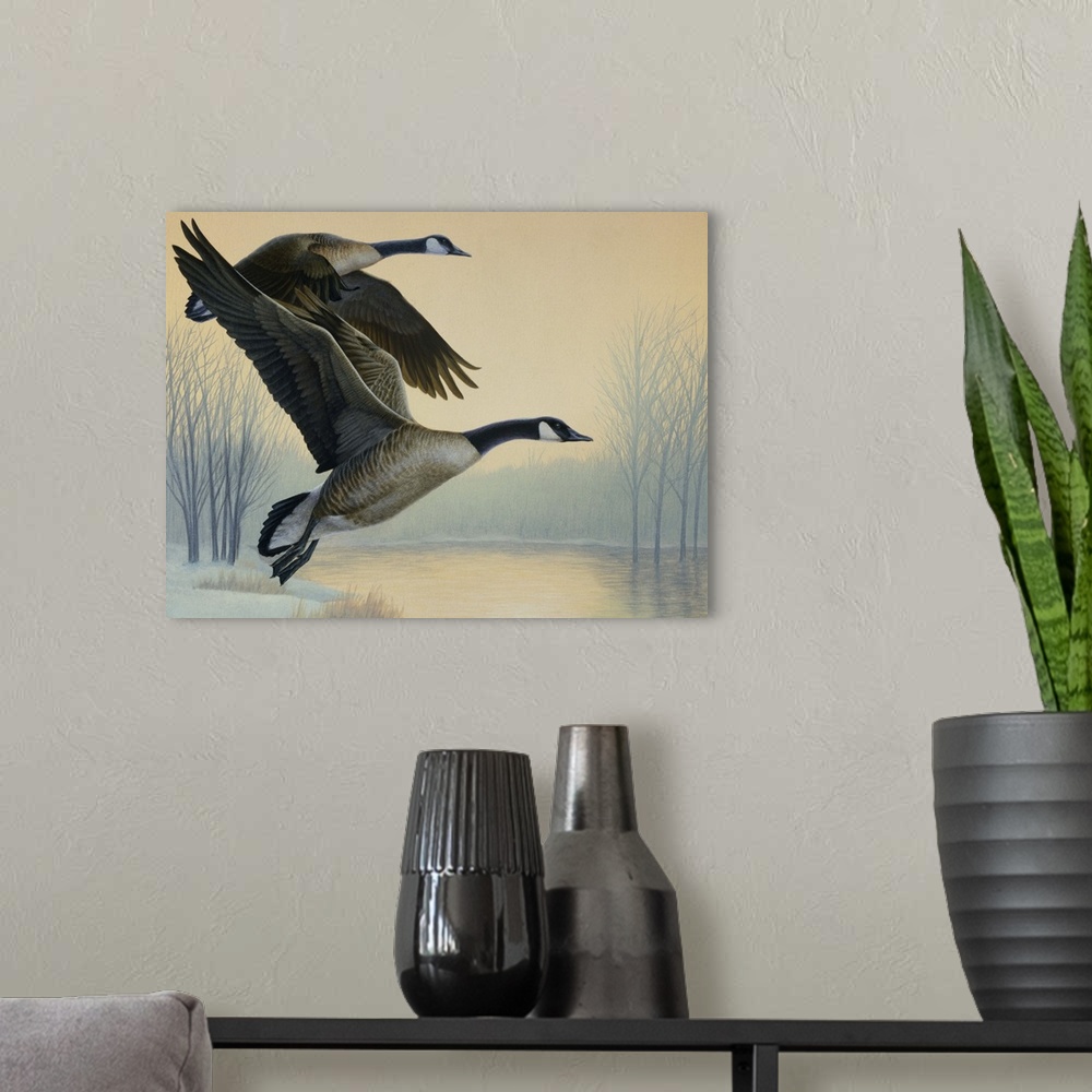 A modern room featuring A pair of geese flying.