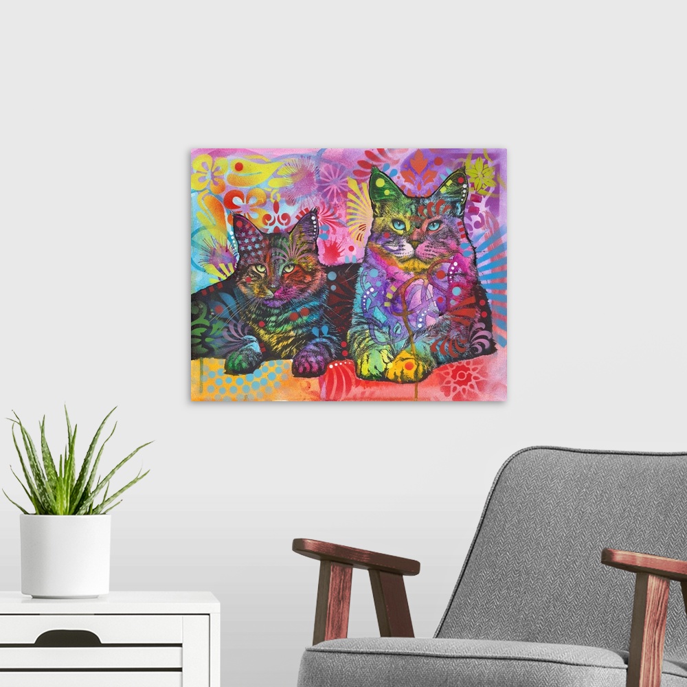 A modern room featuring Illustration of two cats with graffiti designs all over.