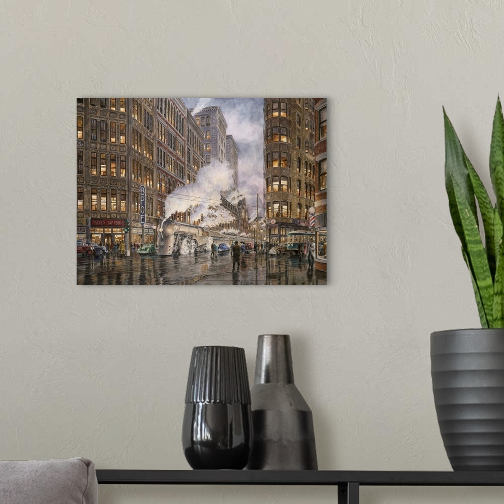 A modern room featuring Contemporary painting of a city scene at dusk, with a train stopped and smoke billowing from it's...