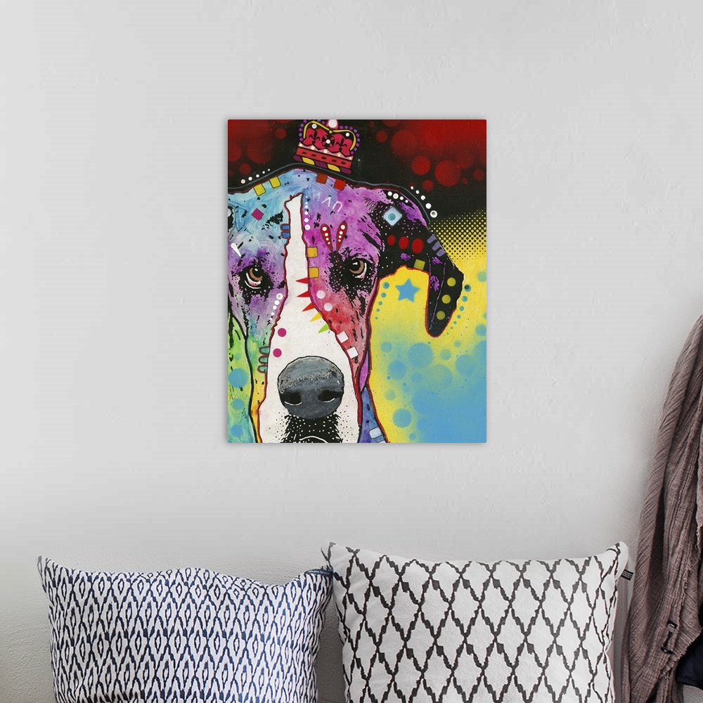 A bohemian room featuring Contemporary painting of a colorful dog with geometric abstract designs all over and a crown on i...