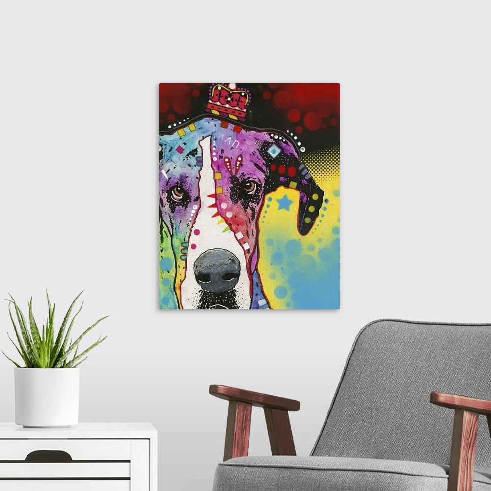 A modern room featuring Contemporary painting of a colorful dog with geometric abstract designs all over and a crown on i...