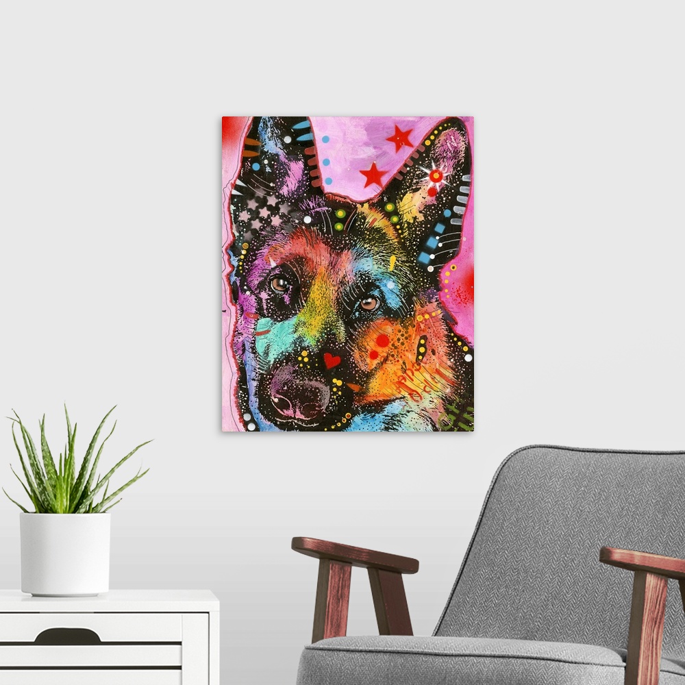 A modern room featuring Colorful painting of a dog with geometric abstract markings.