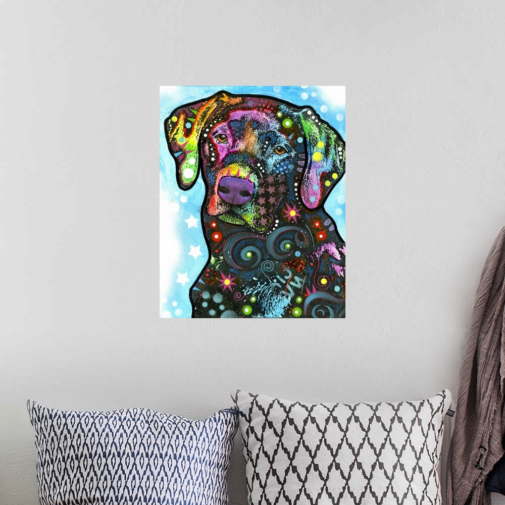 A bohemian room featuring Colorful painting of a dog with geometric abstract markings.