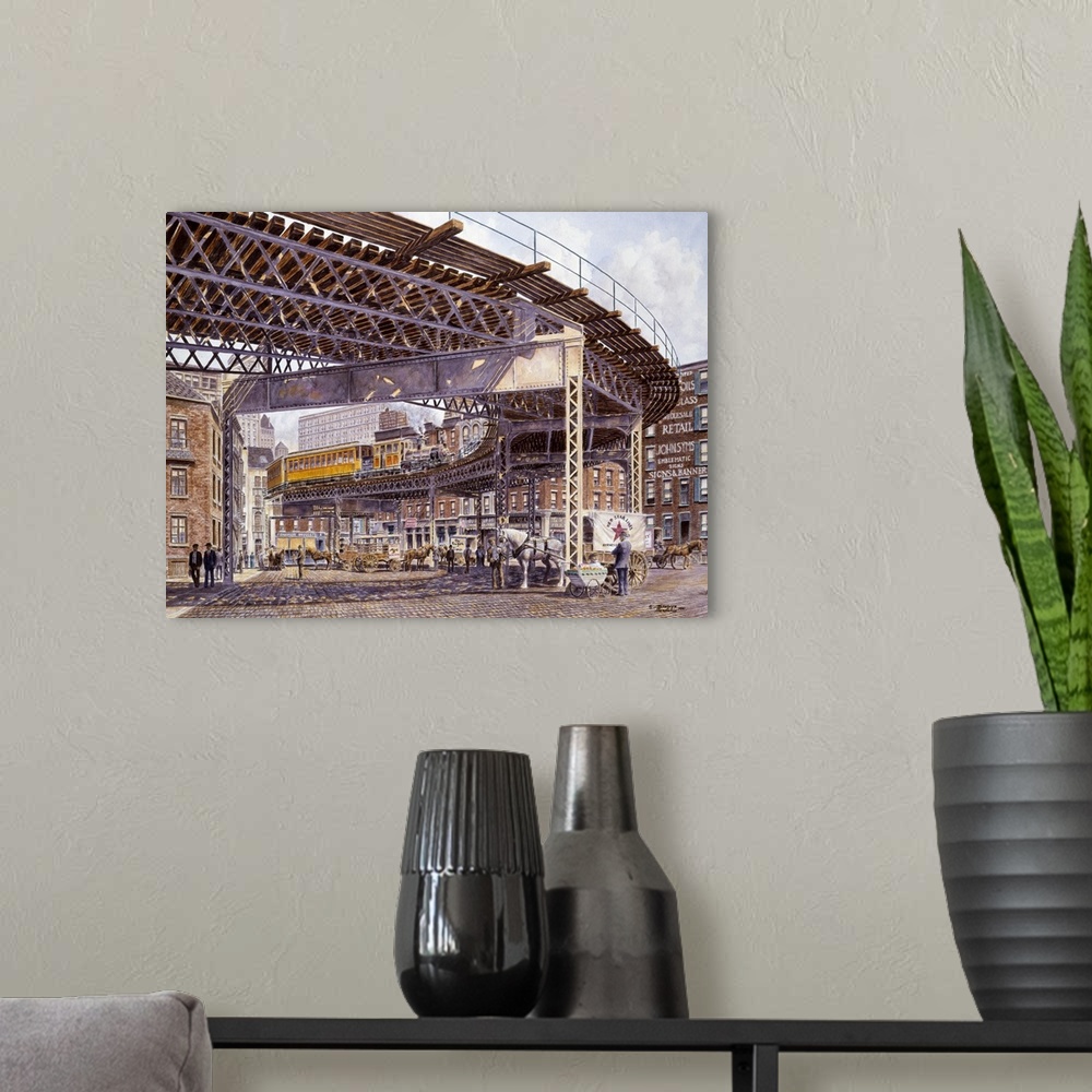 A modern room featuring Contemporary painting of train tracks elevated on steel girders.