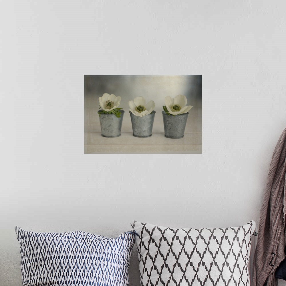 A bohemian room featuring 3 White Anemonies in Metal Vases