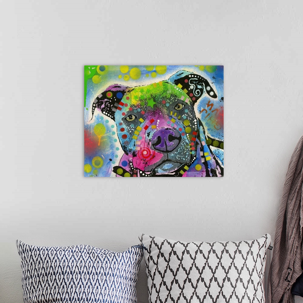 A bohemian room featuring Graffiti style painting of a Pit Bull with different colors and abstract designs all over.