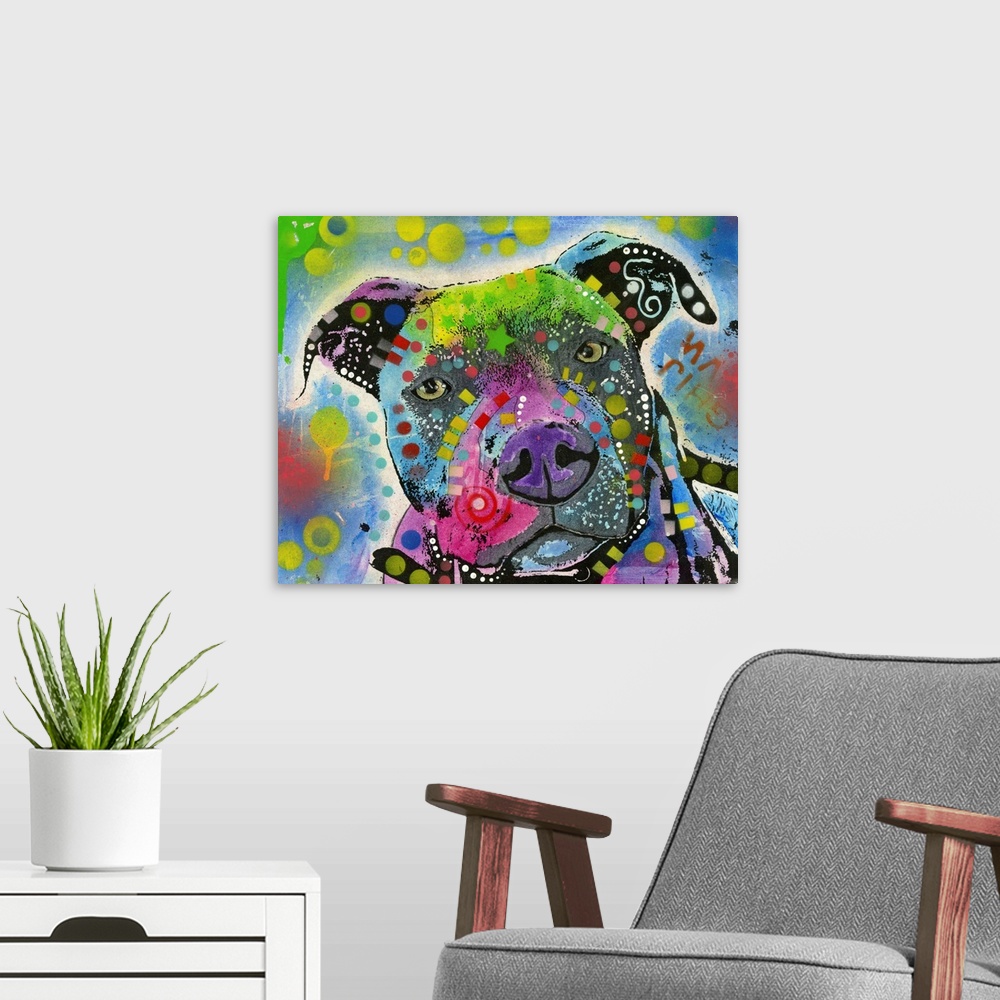 A modern room featuring Graffiti style painting of a Pit Bull with different colors and abstract designs all over.
