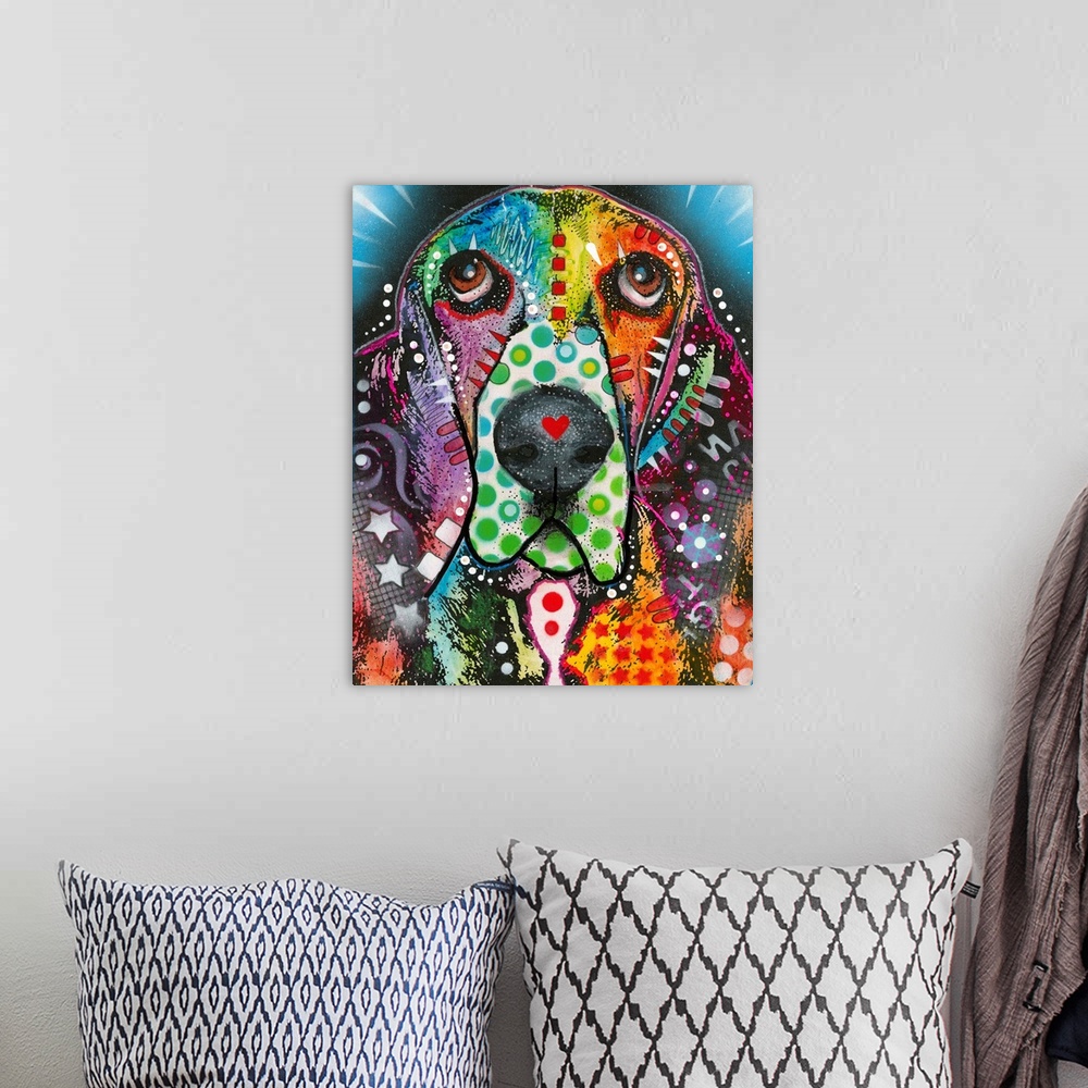 A bohemian room featuring Graffiti style painting of a Hound Dog with different colors and abstract designs all over.