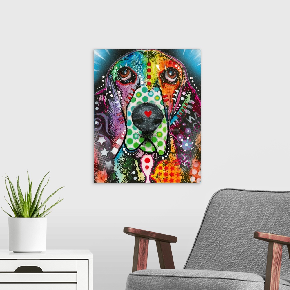 A modern room featuring Graffiti style painting of a Hound Dog with different colors and abstract designs all over.