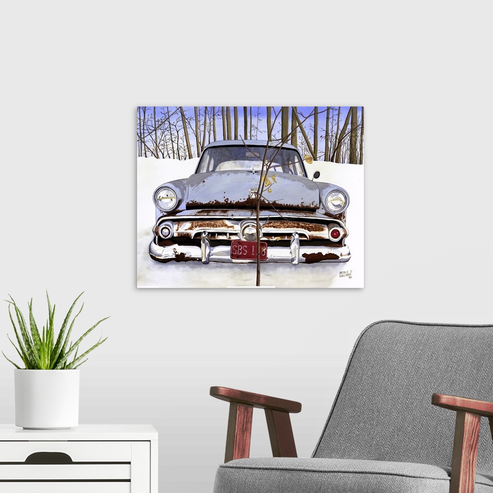 A modern room featuring An old beat up vintage ford car in the snow with trees in the background.