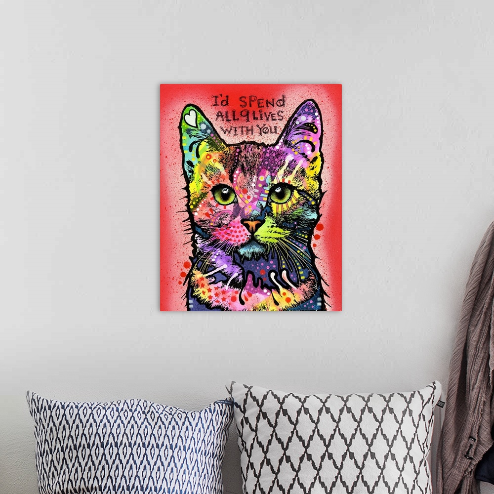 A bohemian room featuring "I'd Spend All 9 Lives With You" handwritten above a colorful painting of a cat with graffiti-lik...