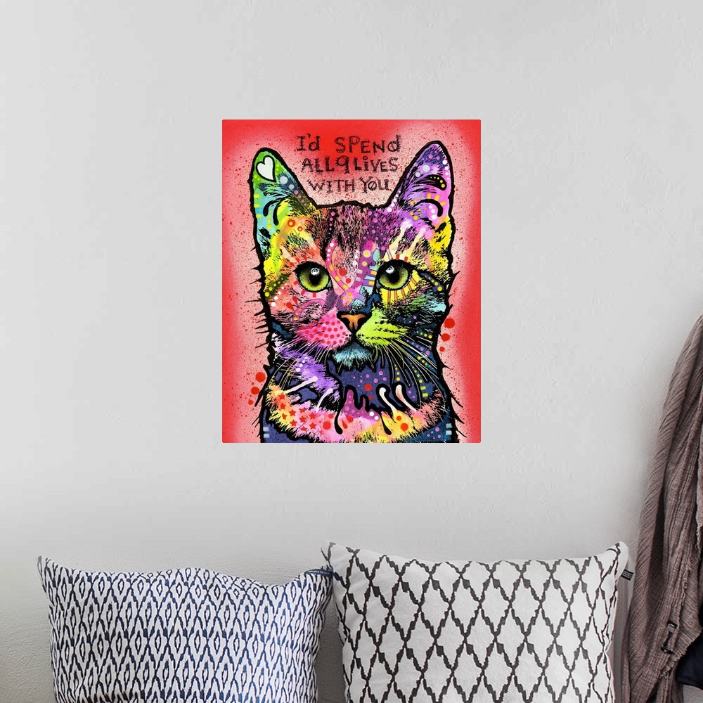 A bohemian room featuring "I'd Spend All 9 Lives With You" handwritten above a colorful painting of a cat with graffiti-lik...