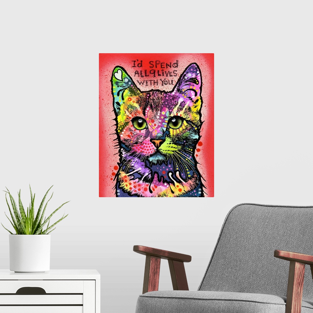 A modern room featuring "I'd Spend All 9 Lives With You" handwritten above a colorful painting of a cat with graffiti-lik...